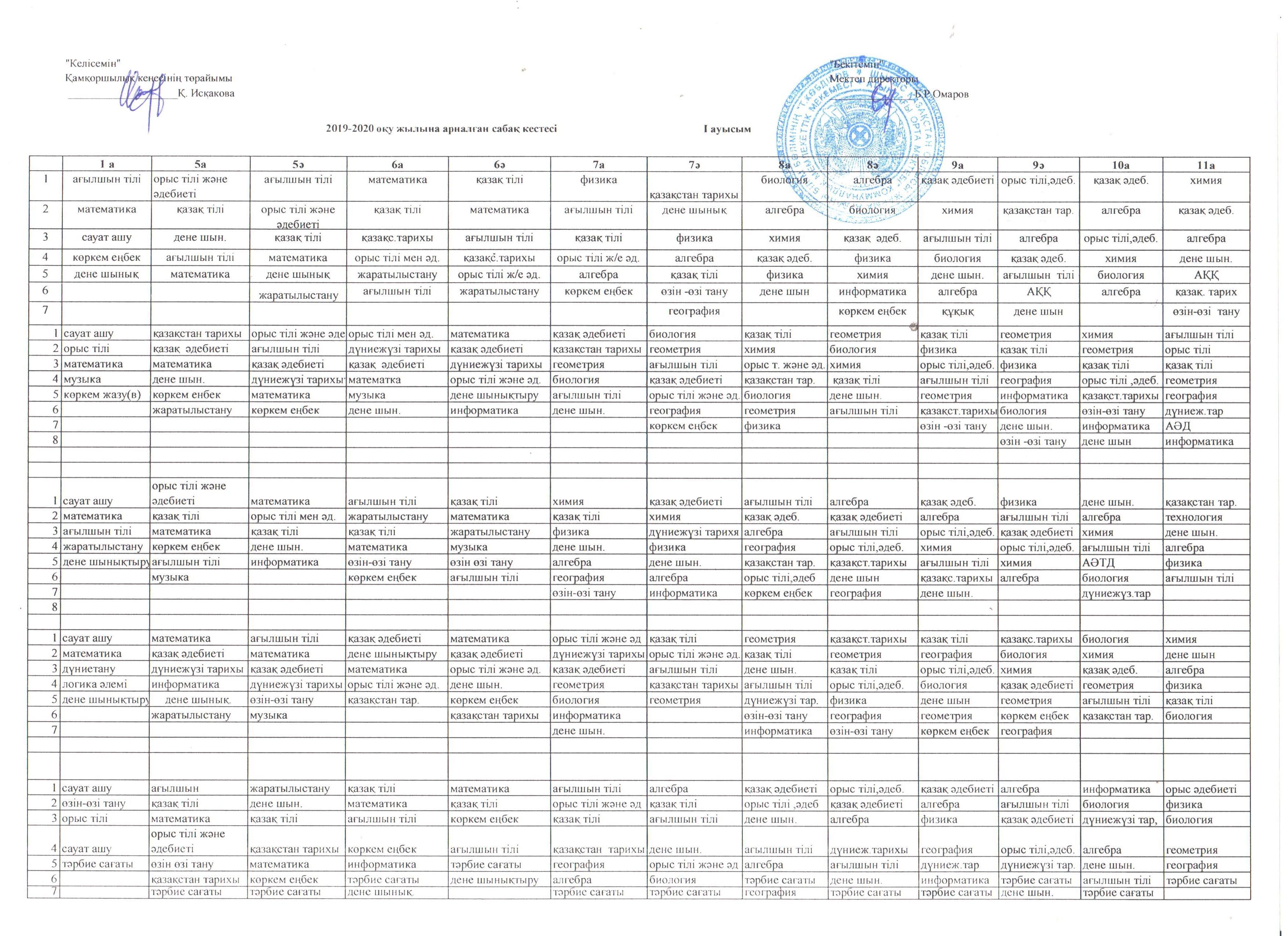 "Т. Көбдіков атындағы орта мектебі" КММ. Сабақ кестесі. 2019-2020 оқу жылы