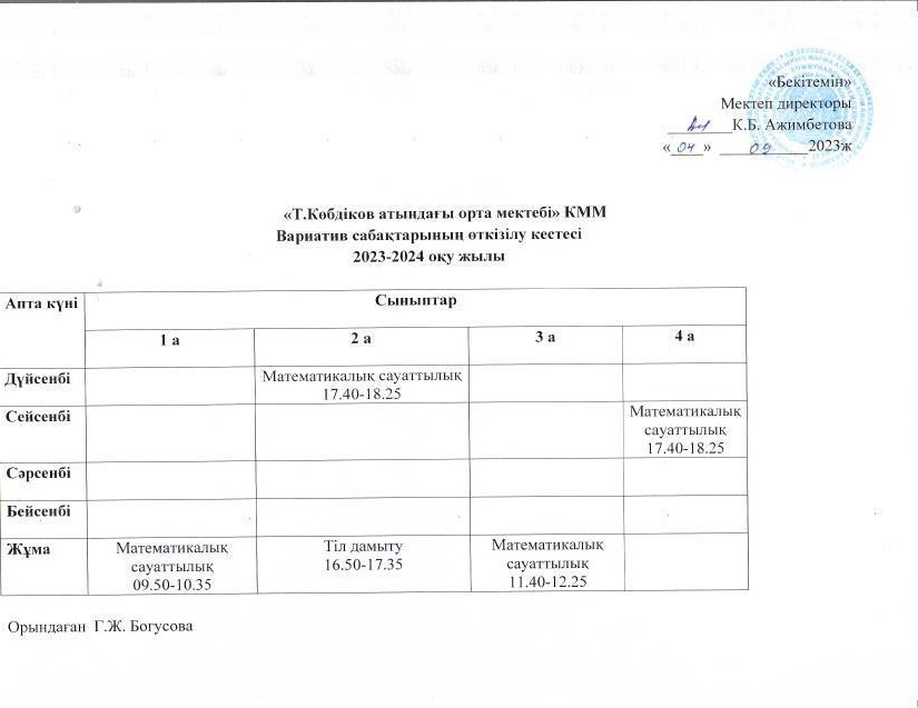 Вариатив сабақтар кестесі 2023-2024 оқу жылы