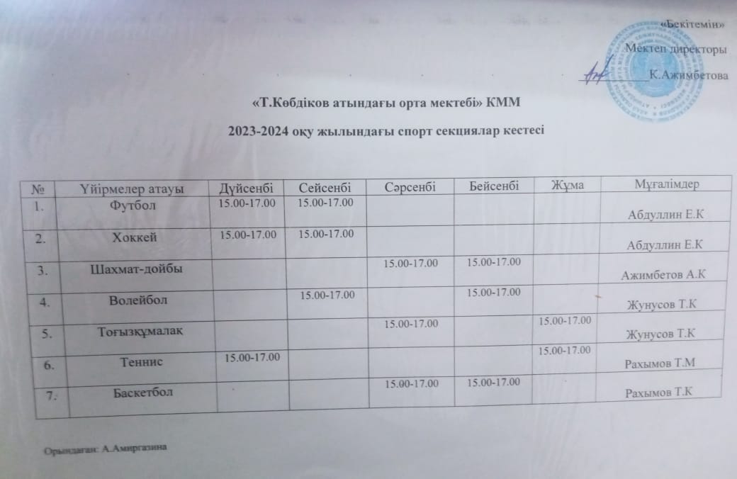 2023-2024 оқу жылындағы үйірме мен секциялар кестесі
