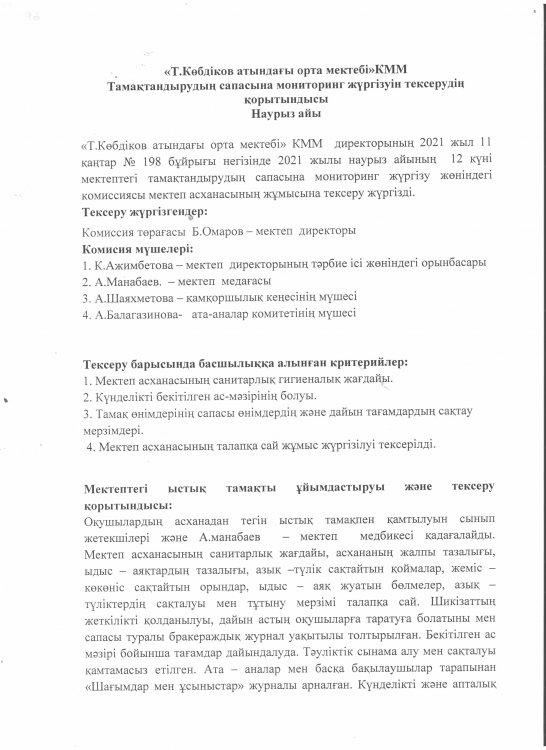 2020-2021 оқу жылының оқушыларды тамақтандыру сапасына мониторинг жүргізудің қорытындысы наурыз  айы