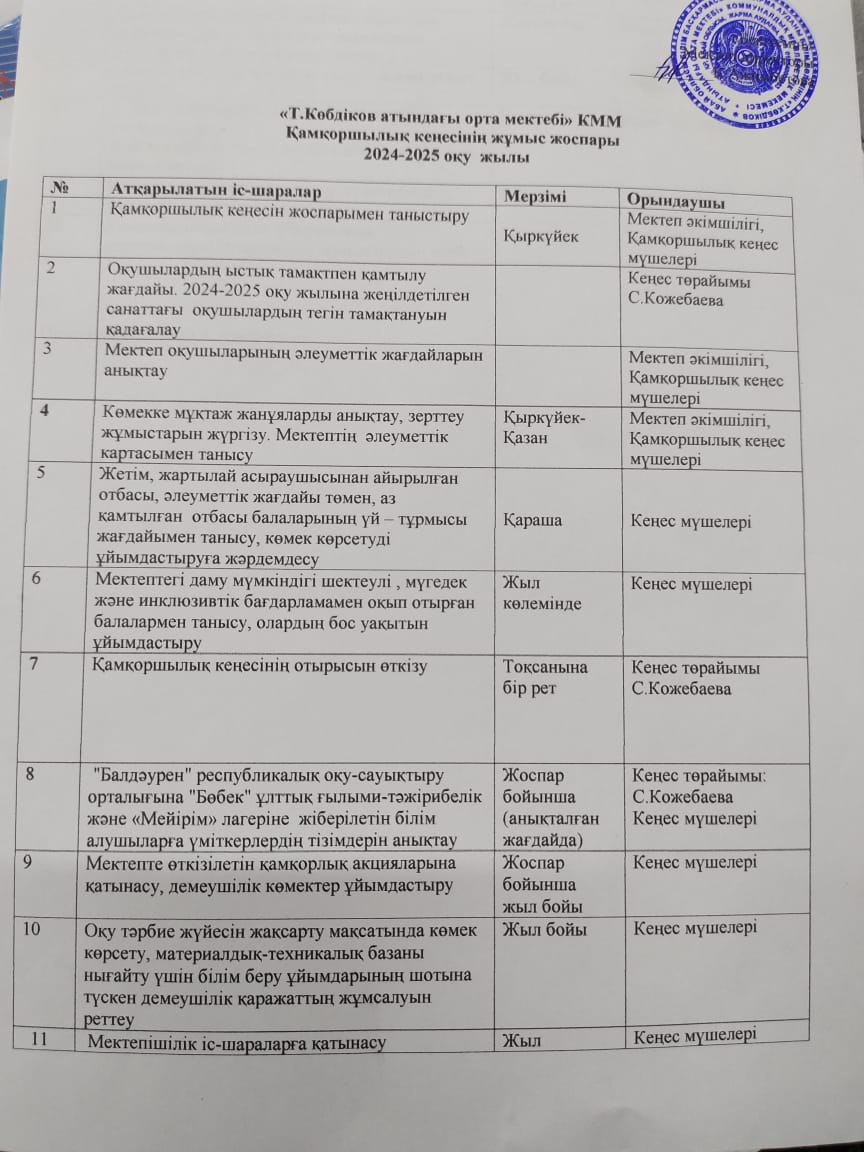 Қамқоршылық кеңес жоспары 2024-2025 оқу жылы